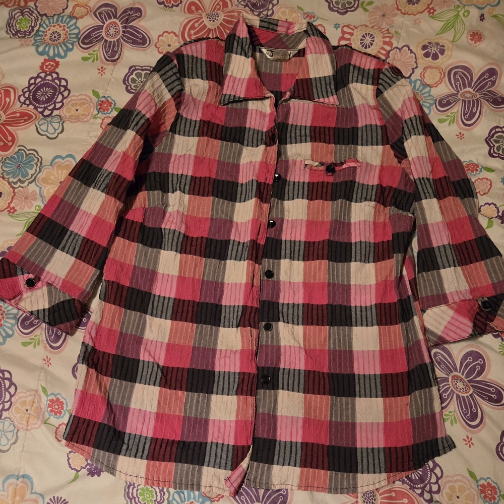 Allison Daley Pink and Gray Plaid Shirt